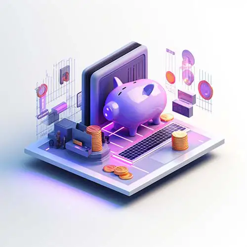 Isometric digital artwork of a piggy bank on a scale surrounded by stacks of coins and digital displays