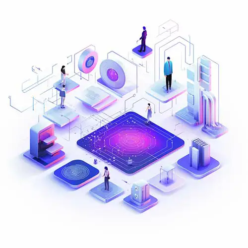 Isometric digital artwork of five people standing on white and blue digital platforms