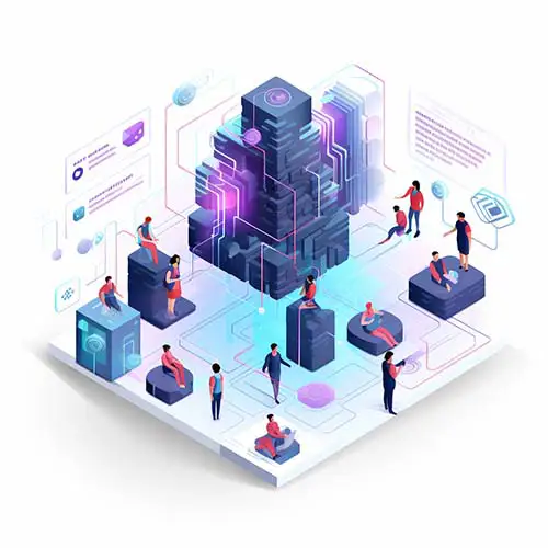 Isometric digital artwork of several people sitting and standing on grey block platforms of varying heights surrounded by digital displays