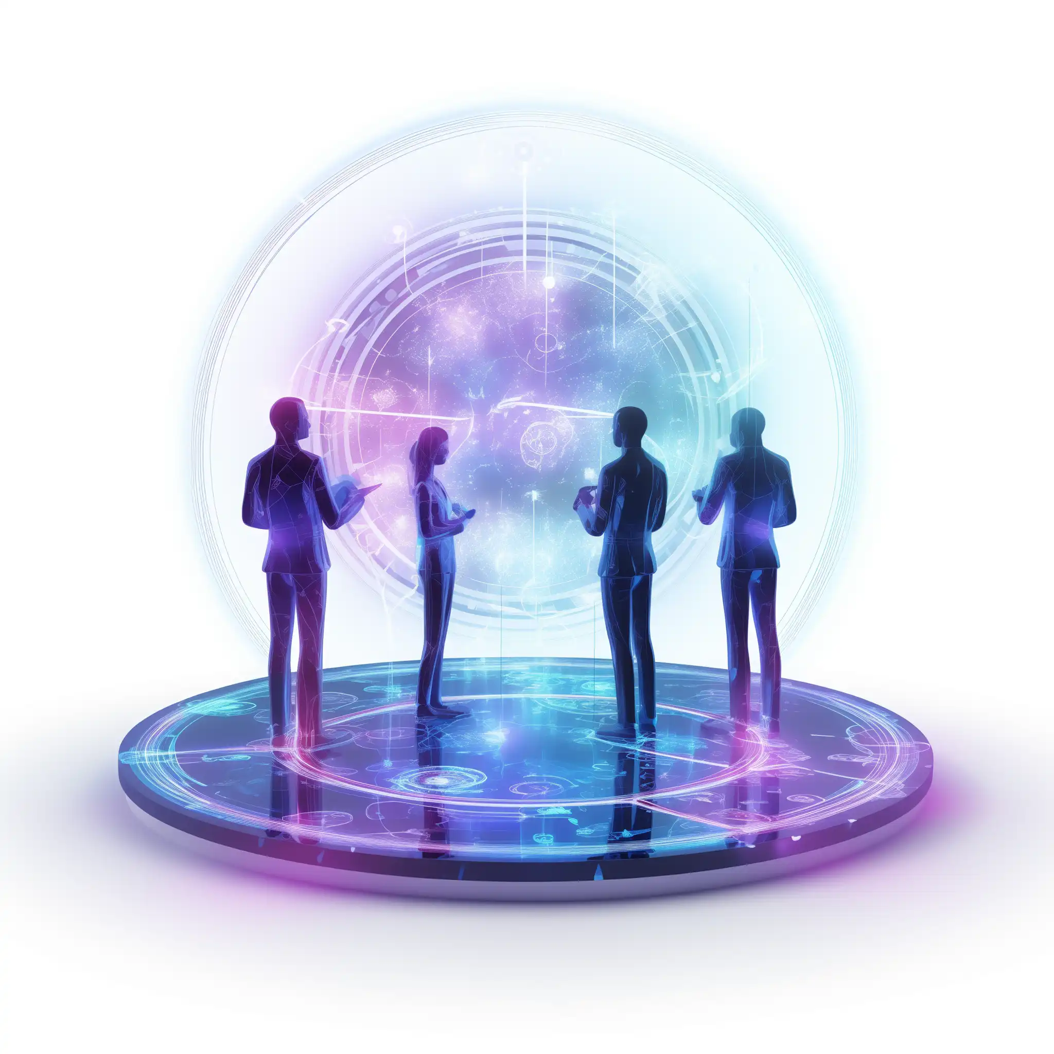 Isometric digital picture of people standing on a platform collaborating in a futuristic space